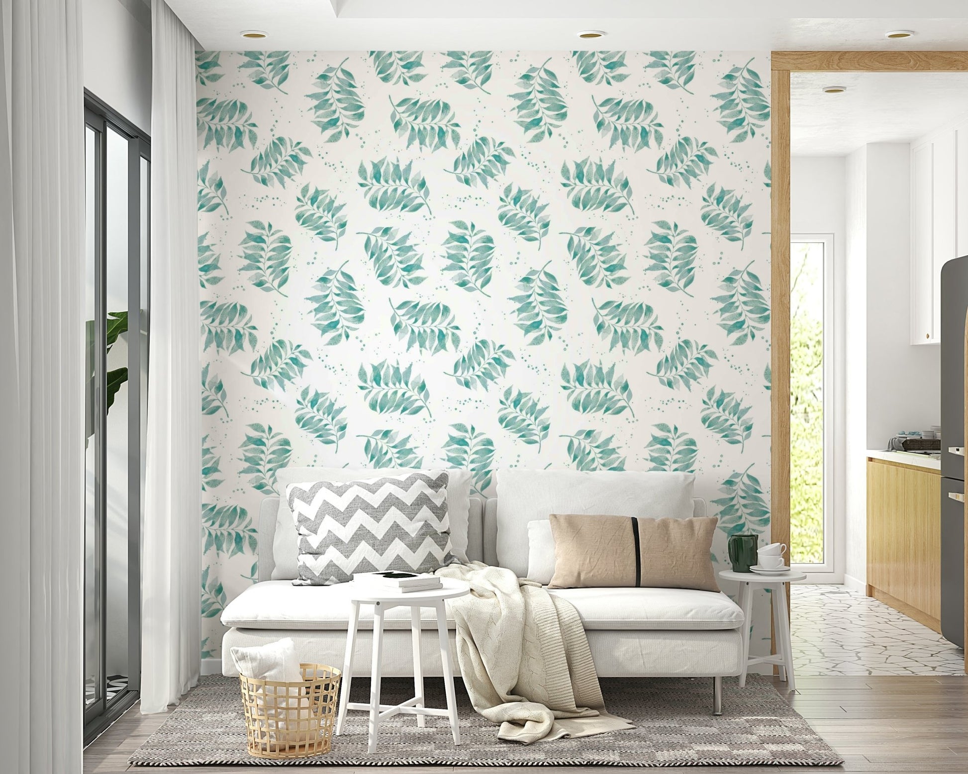 Tropical palm leaf toss wallpaper in aqua tones

