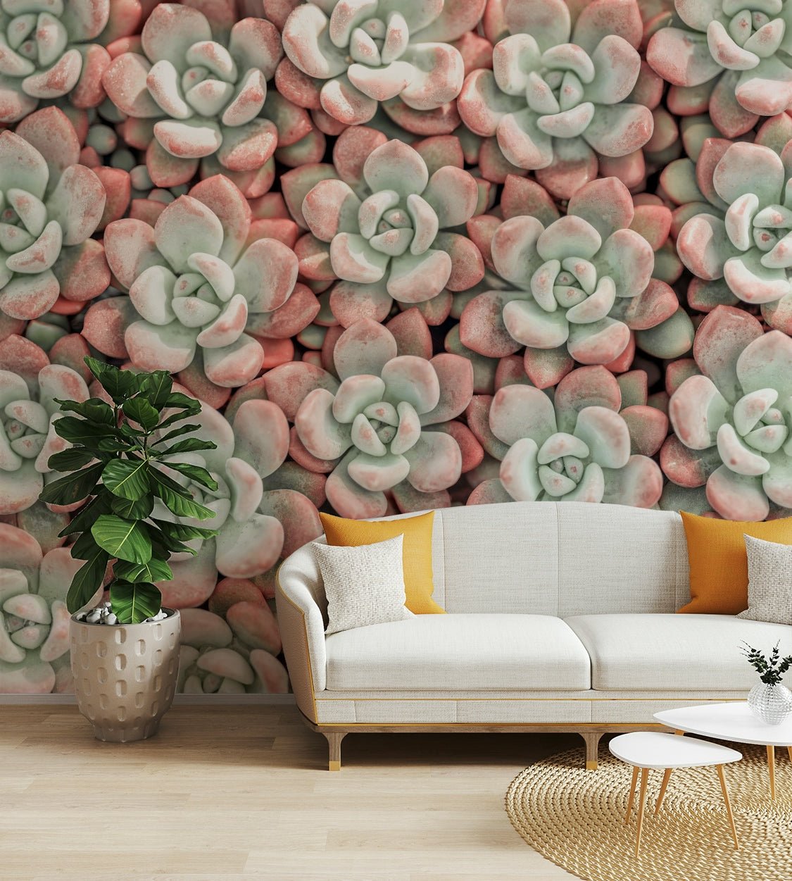 Green and pink botanical mural wallpaper
