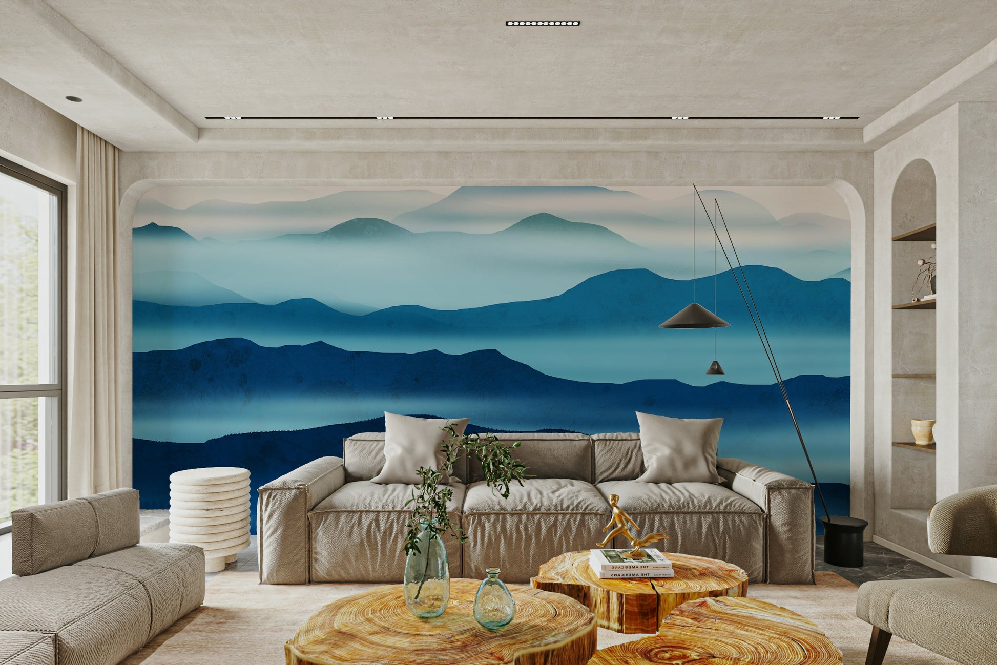 Pale blue and slate valley mural installed in a minimalist hallway.