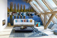 Blue water boating marina with moored vessels mural

