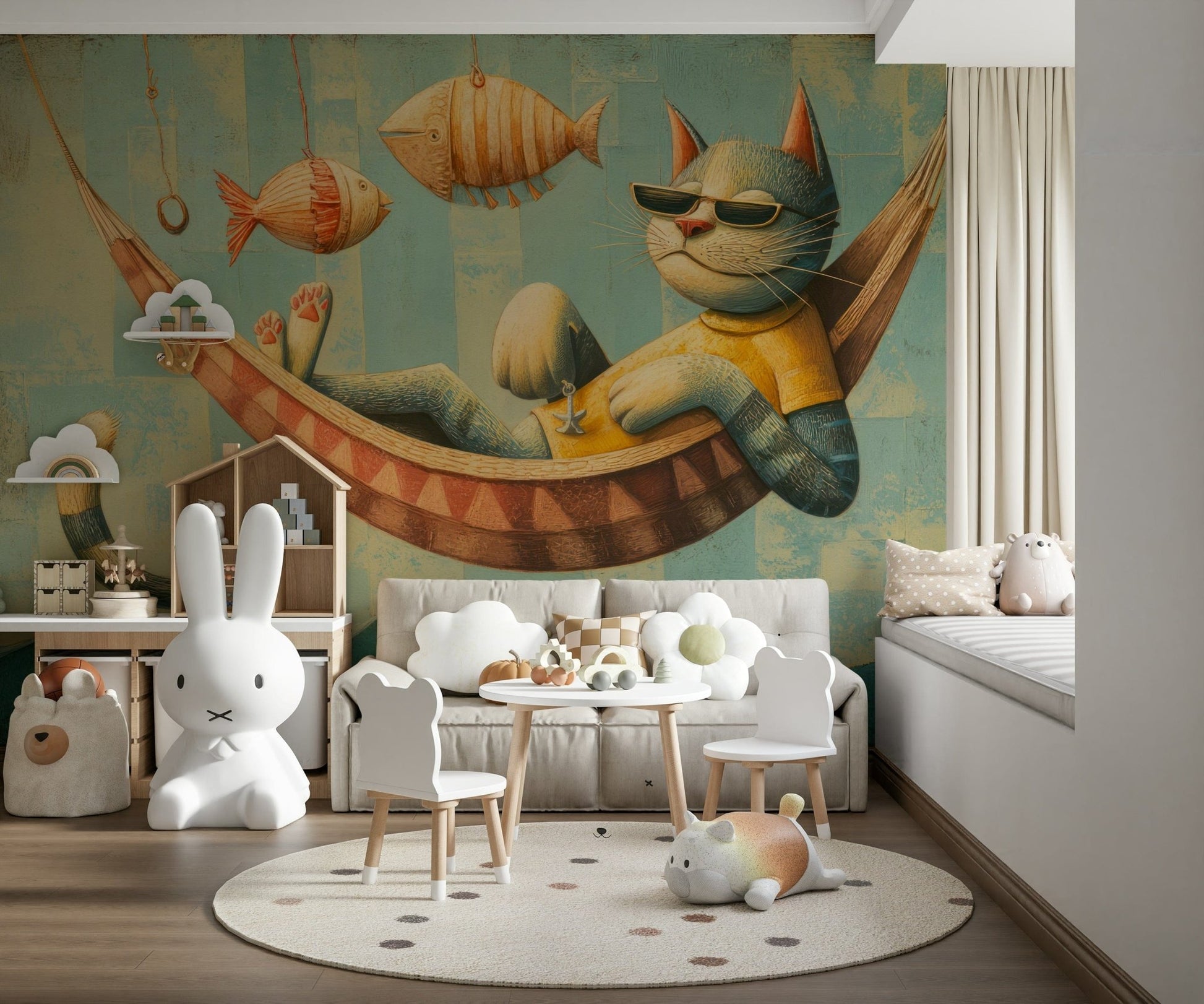 The Cat's Seaside Siesta wallpaper mural in a playroom with a white bunny lamp, dollhouse and cloud-cushion sofa