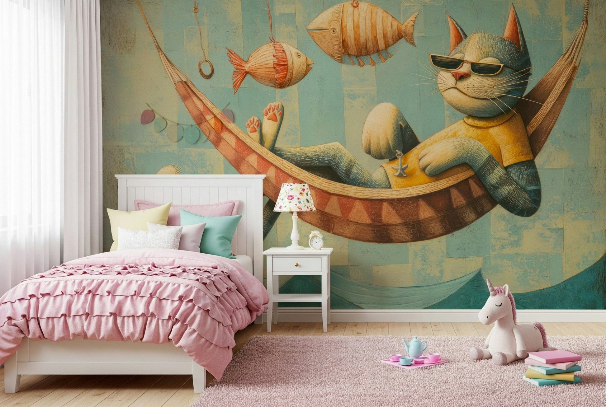 The Cat's Seaside Siesta wallpaper mural behind a pink ruffled girls bed with mint pillows and a unicorn plush