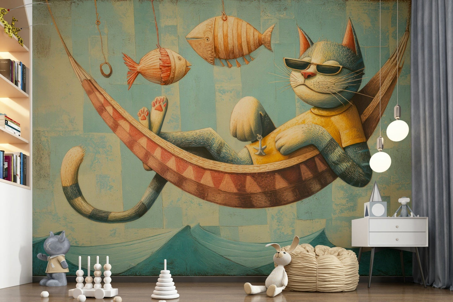 The Cat's Seaside Siesta wallpaper mural in a kids room with white bookshelves, globe pendant lights and toys
