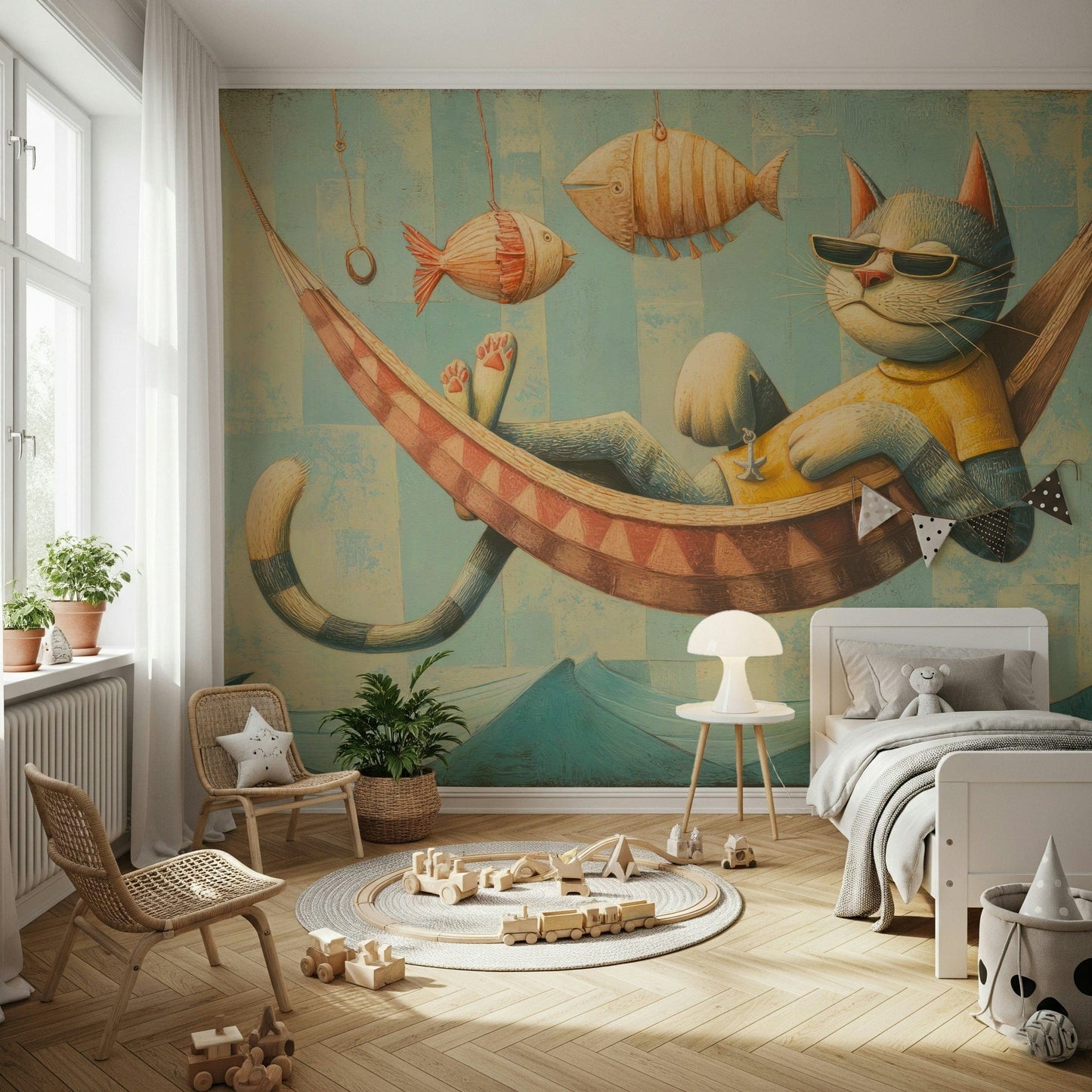 The Cat's Seaside Siesta wallpaper mural in a kids room with rattan chairs, wooden train toys and potted plants