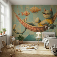 The Cat's Seaside Siesta wallpaper mural in a kids room with rattan chairs, wooden train toys and potted plants