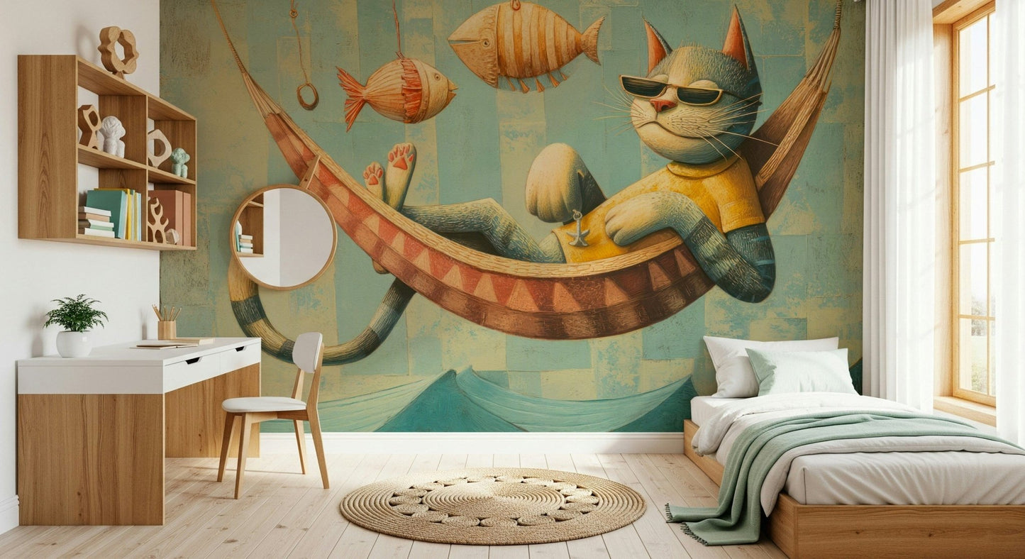 The Cat's Seaside Siesta wallpaper mural behind a wood bed with green throw, a white desk and round mirror