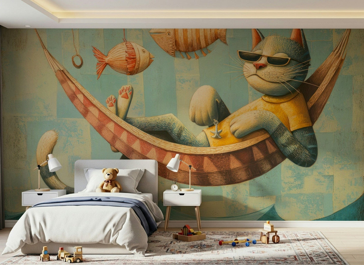 The Cat's Seaside Siesta wallpaper mural over a white kids bed flanked by lamps, a teddy bear and wooden cars