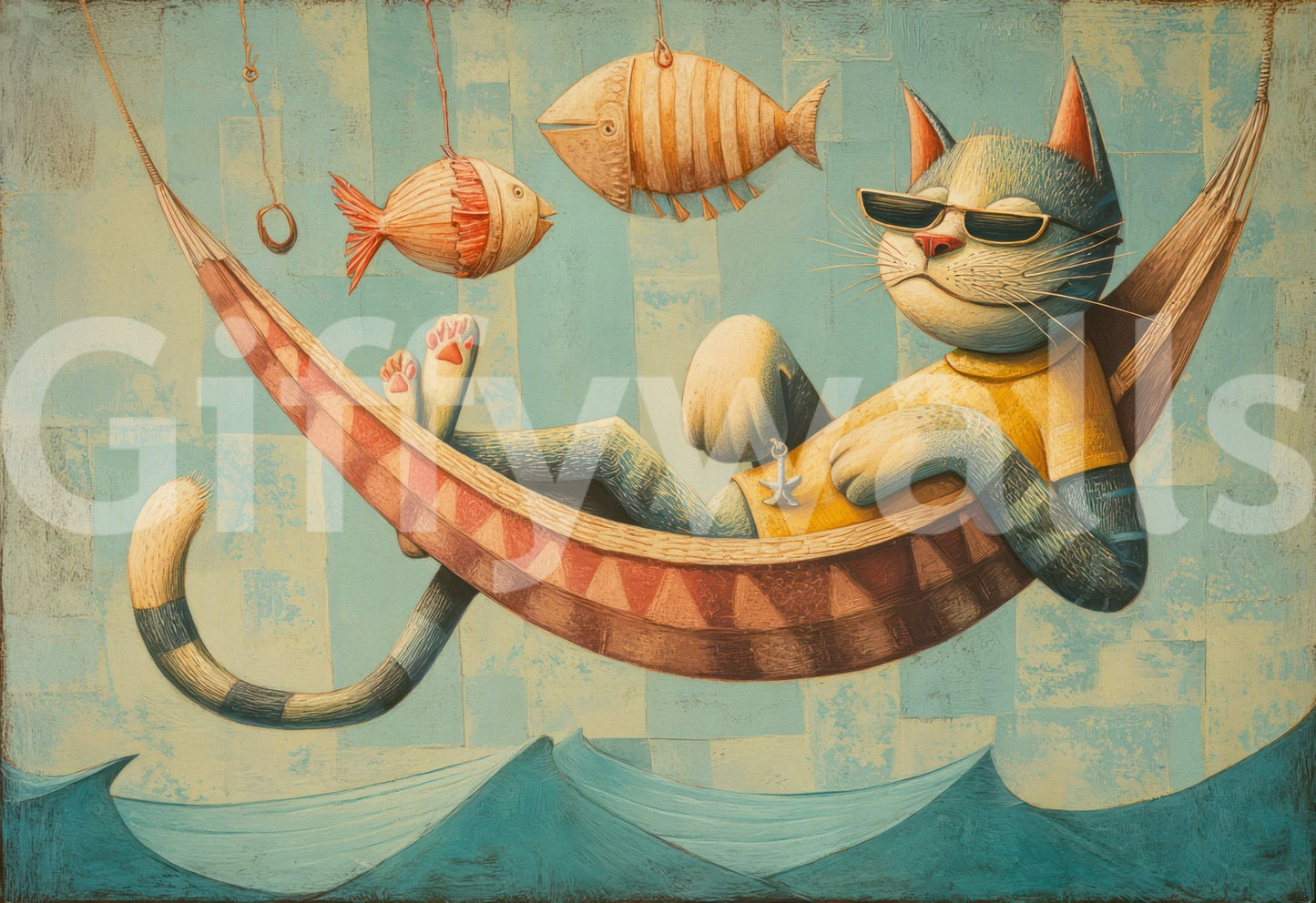 The Cat's Seaside Siesta wallpaper mural close-up showing the sunglassed cat napping in a striped hammock over waves