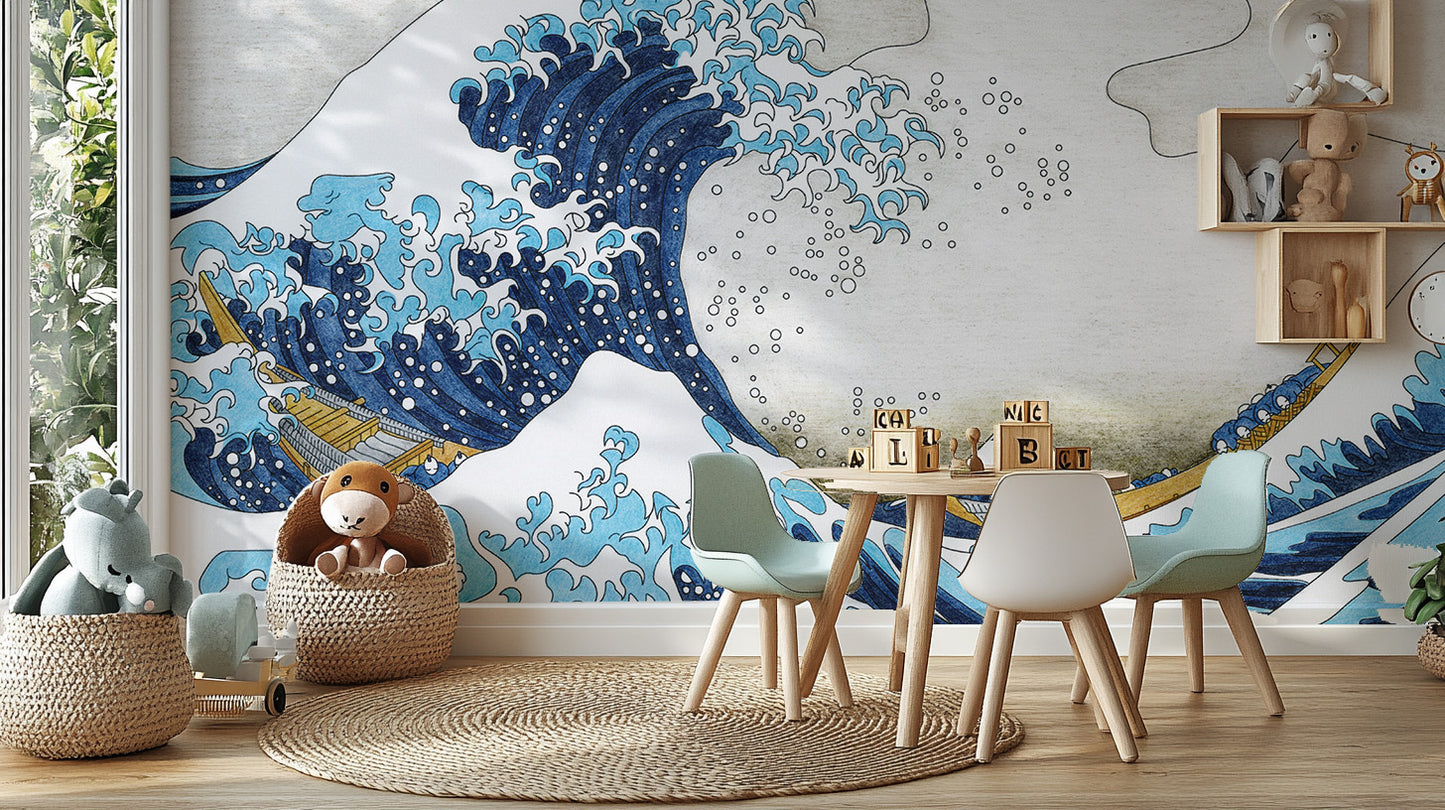 The Great Wave Kanagawa blue wave wallpaper mural above a white kids play table with pastel chairs and plush toys