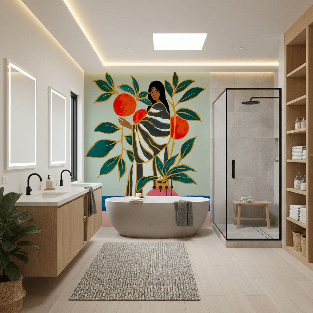 The Keeper of Oranges wallpaper mural of a woman with oranges behind a freestanding tub in a bright bathroom