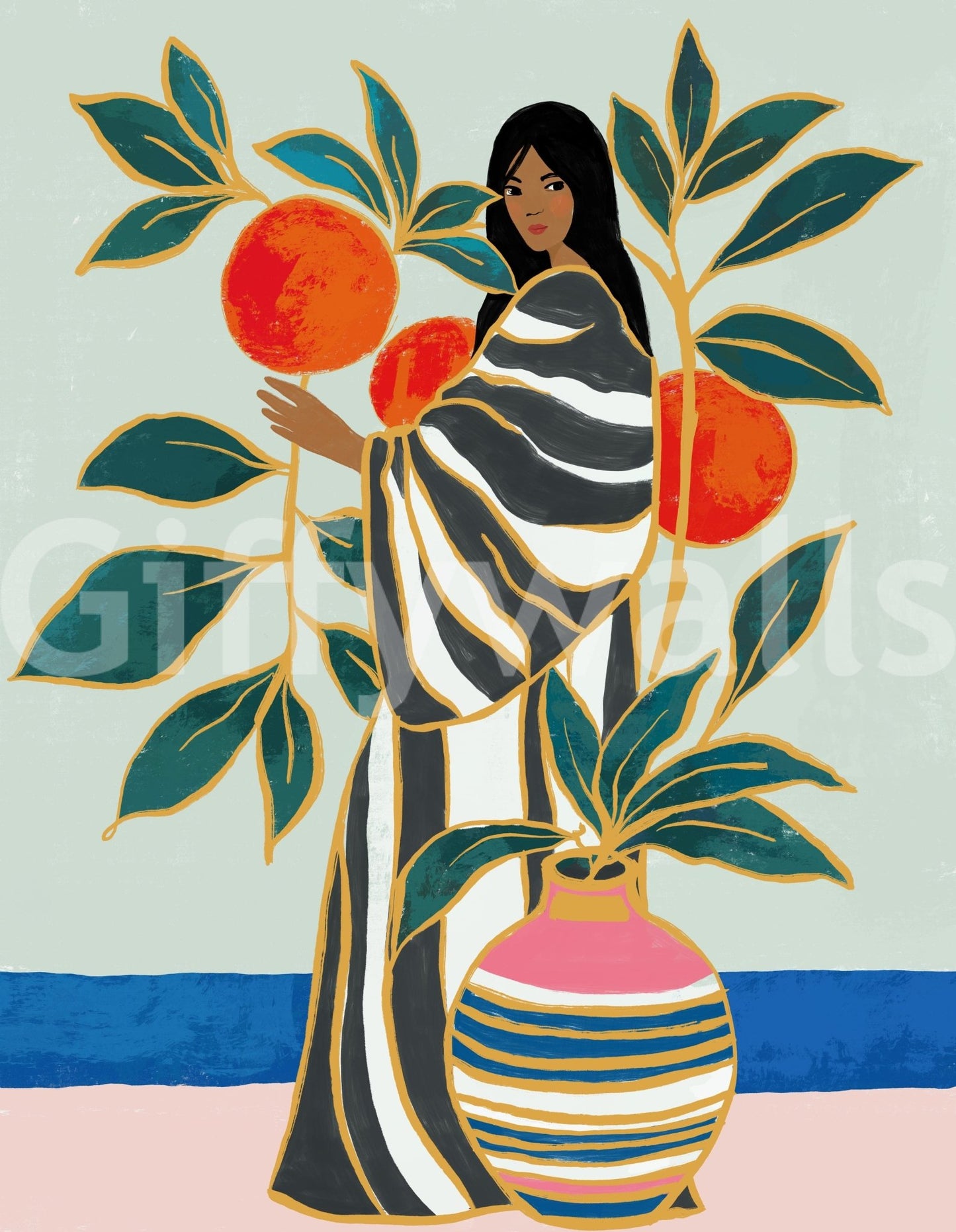 The Keeper of Oranges wallpaper mural close-up of a woman in a striped robe reaching for oranges on a sage background