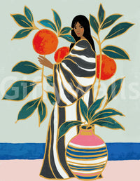 The Keeper of Oranges wallpaper mural close-up of a woman in a striped robe reaching for oranges on a sage background