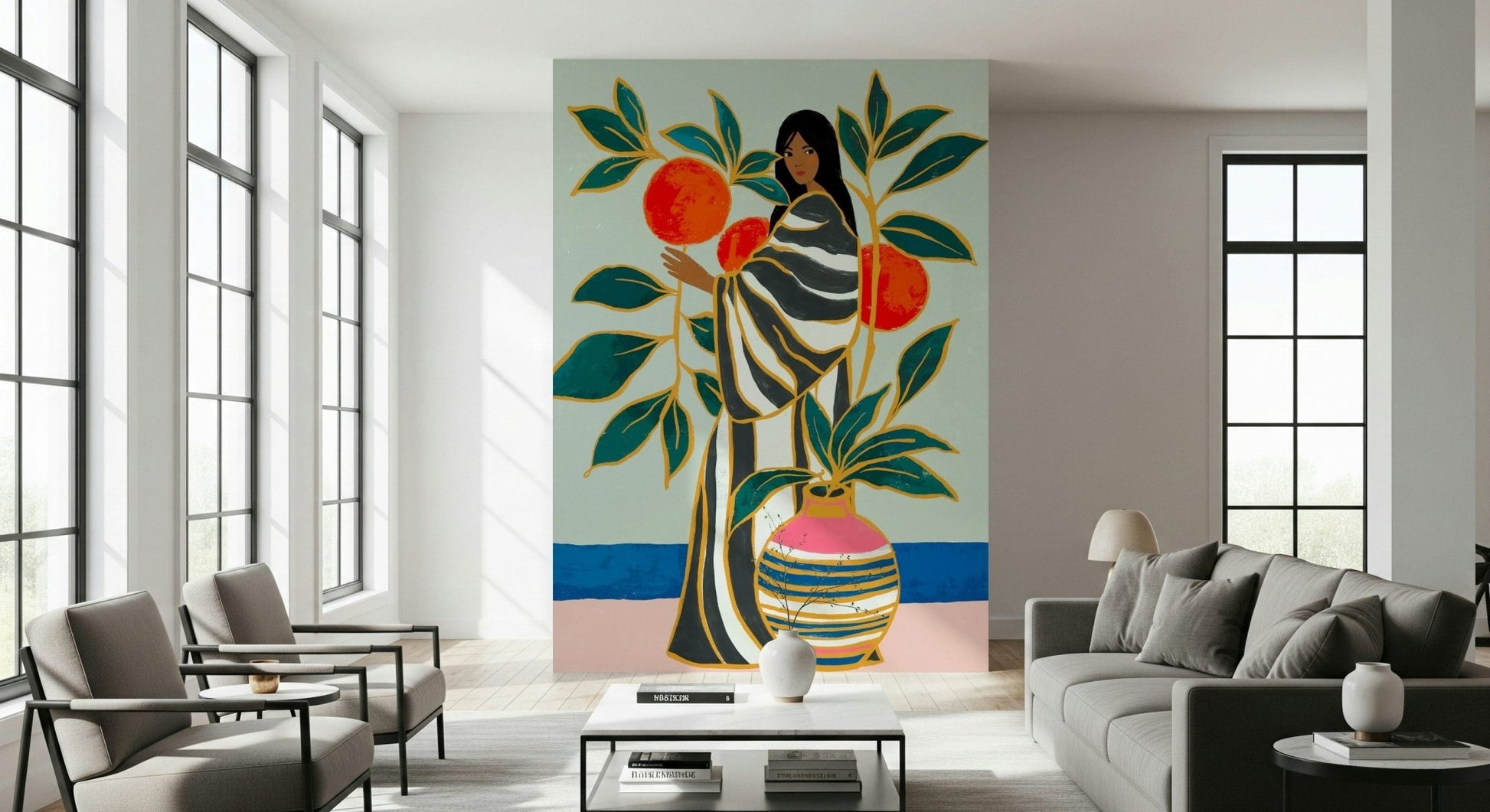 The Keeper of Oranges wallpaper mural of a woman with an orange tree behind a gray sofa and armchairs by tall windows