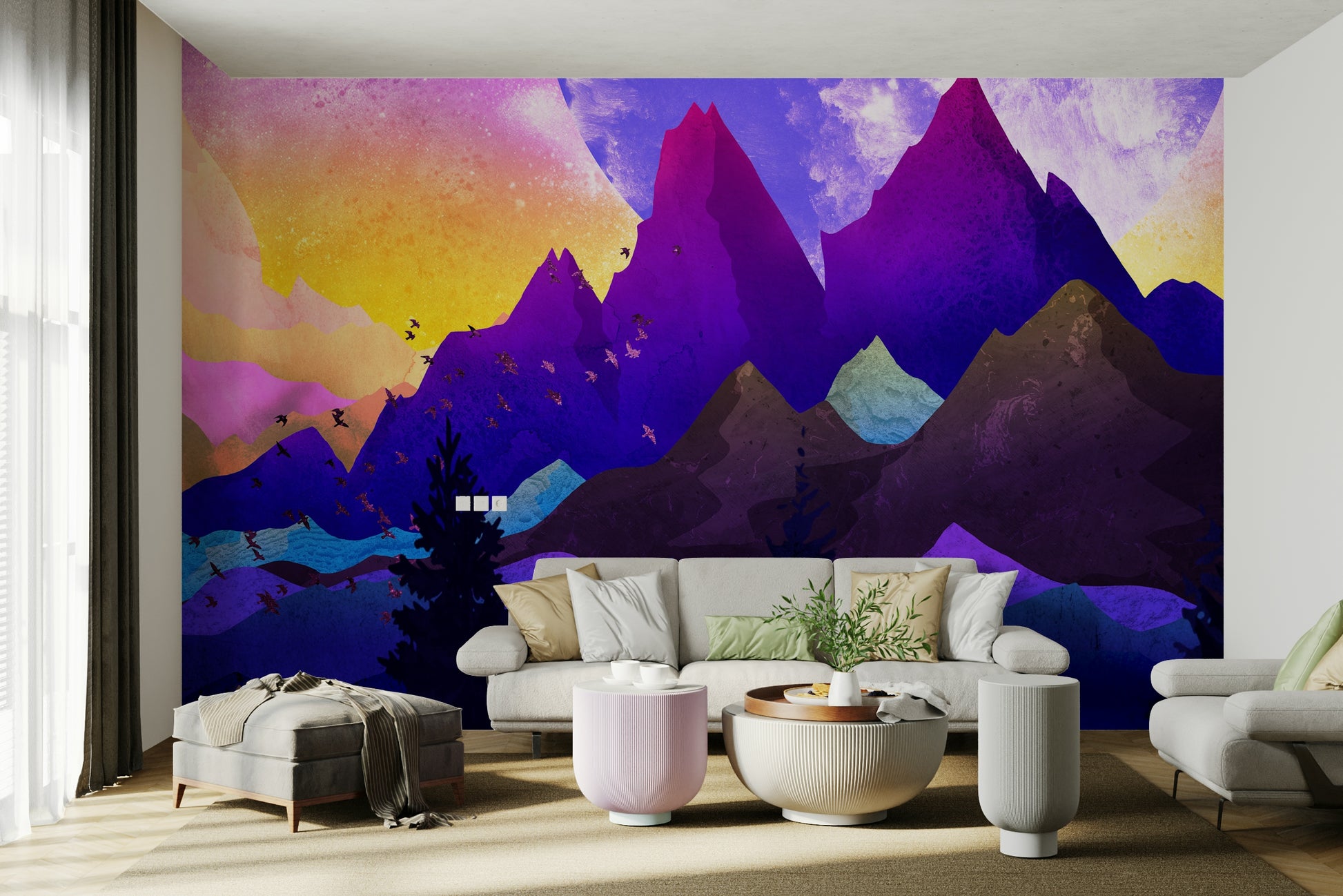 Kids room whimsical mountains mural for accent wall, bold color