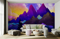 Kids room whimsical mountains mural for accent wall, bold color