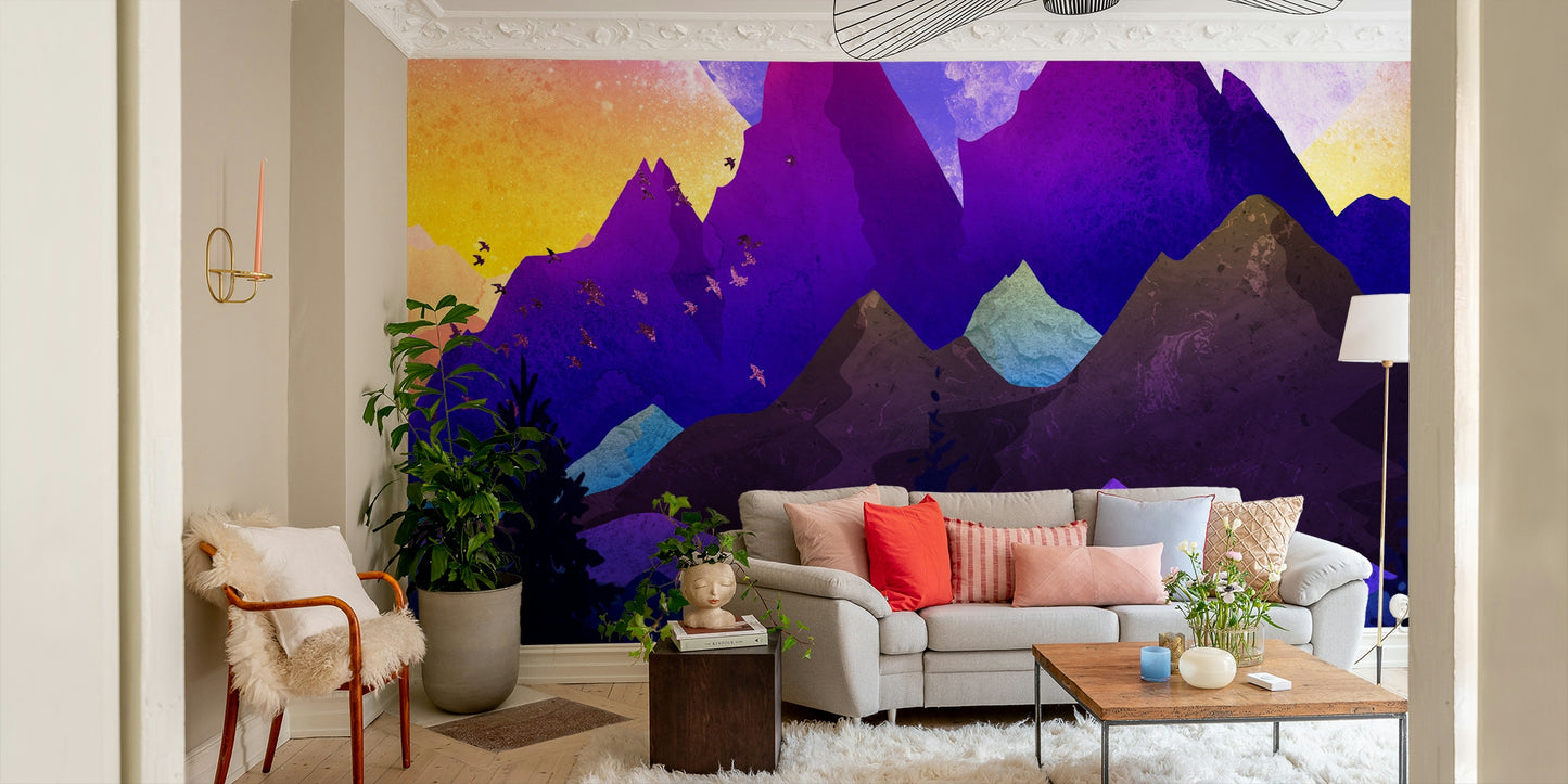 Bedroom rainbow peaks wall mural as accent wall, bright color