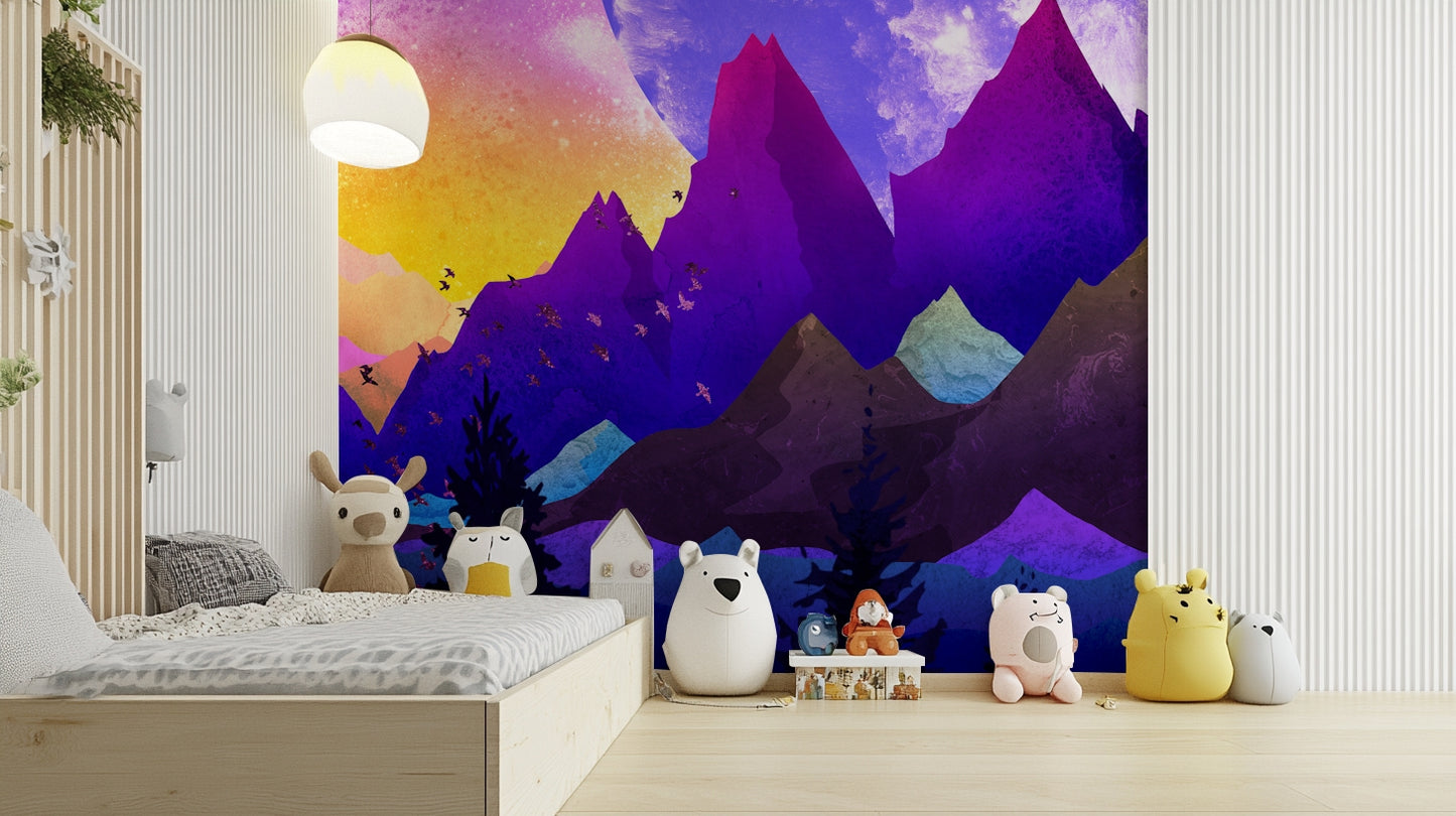 Entryway The magical colorful mountains mural on feature wall, soft color