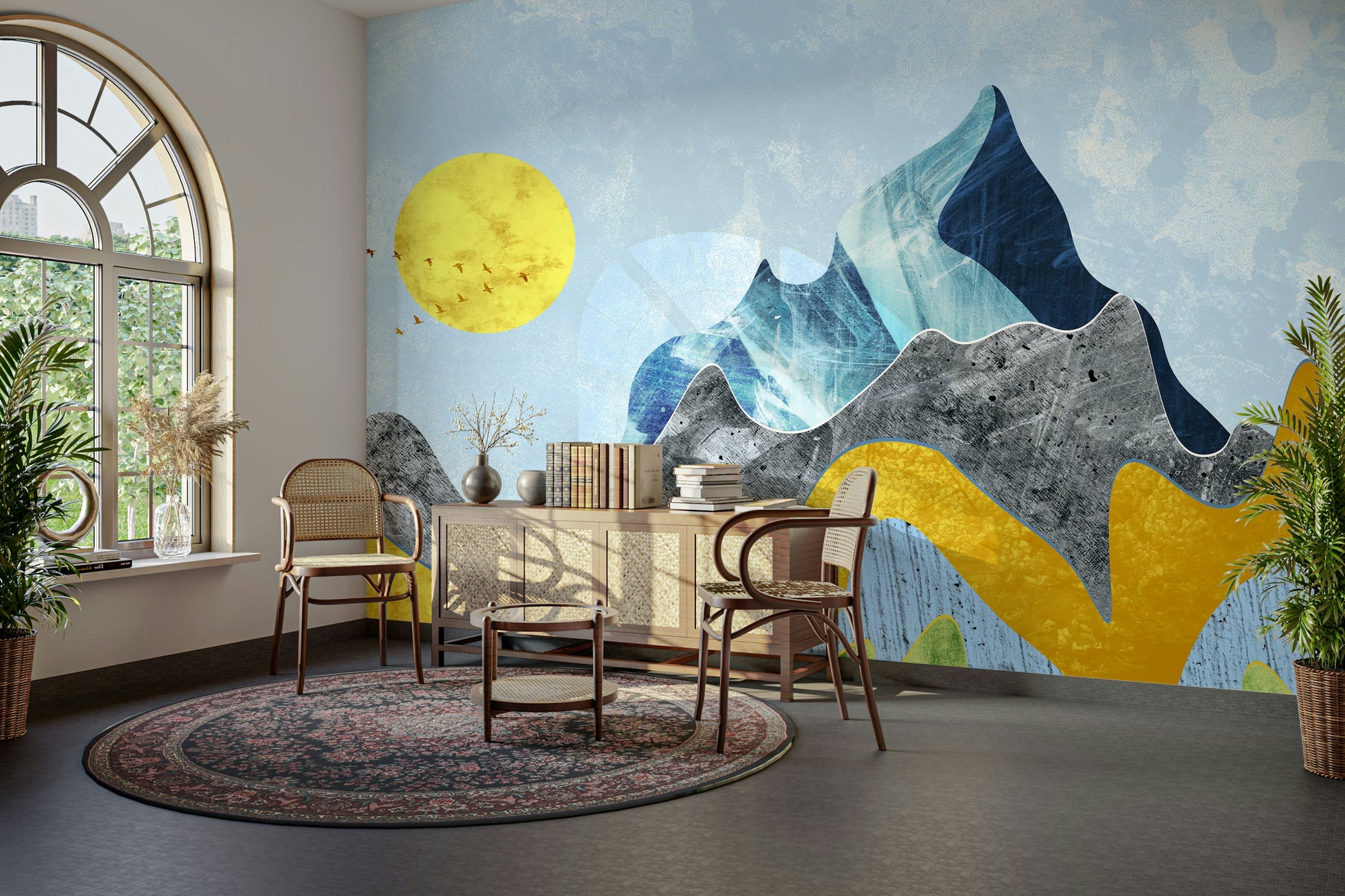 Flowing mountain shapes in an open plan living space with hardwood flooring.