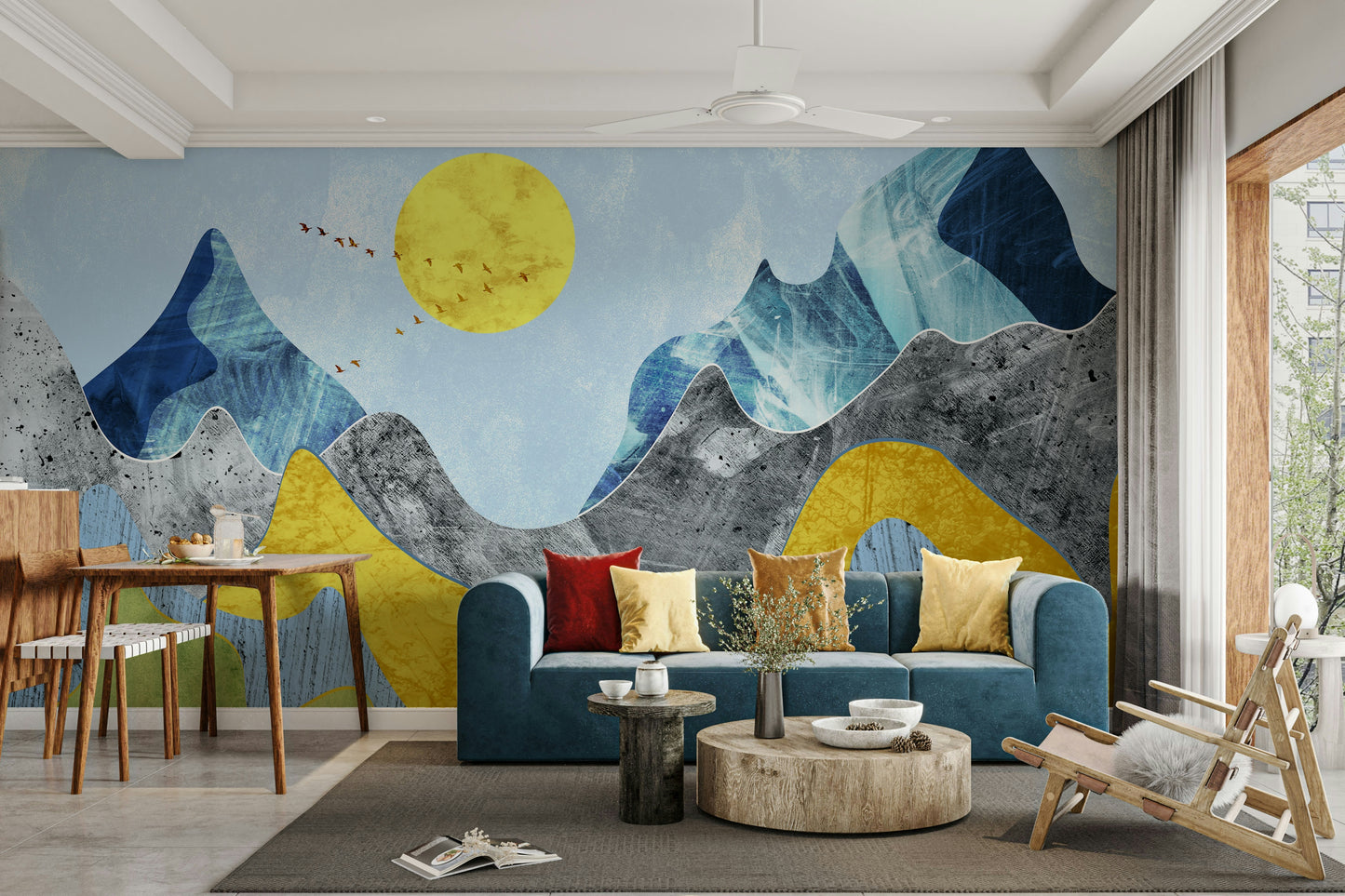 Abstract landscape mural for a workspace with minimalist shelving and green plants.