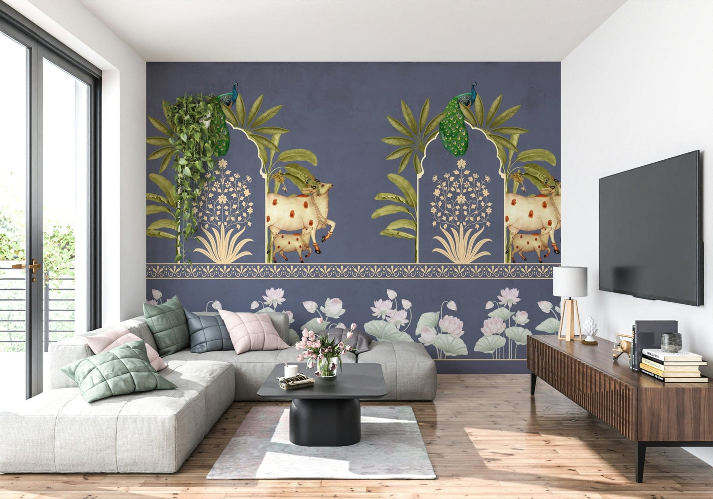 Bedroom wall mural with arched shapes, muted navy tones and soft beige, calm modern wall decor