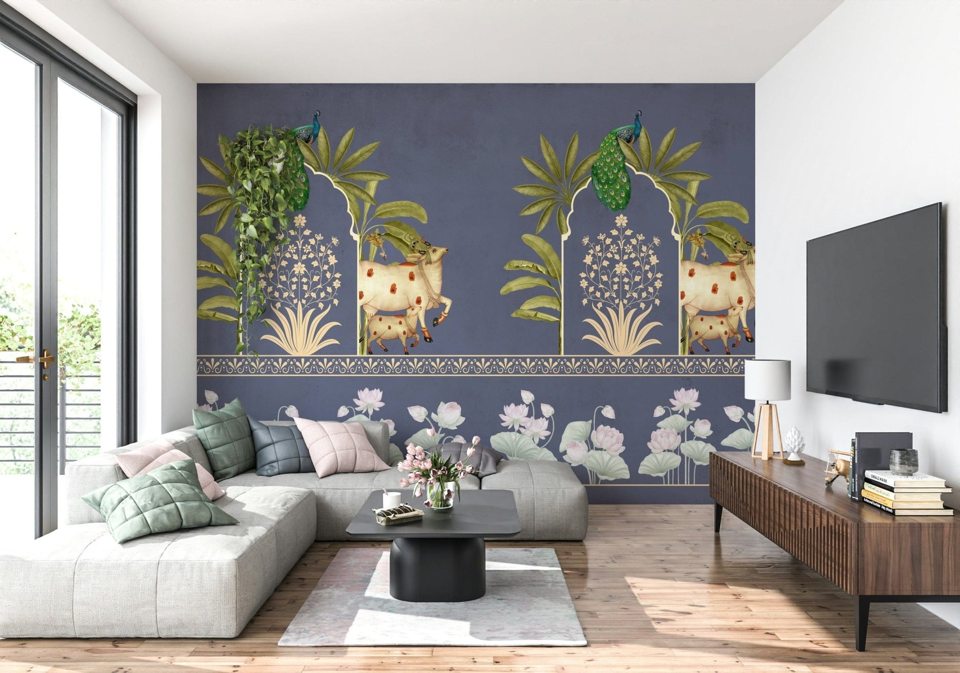Bedroom wall mural with arched shapes, muted navy tones and soft beige, calm modern wall decor