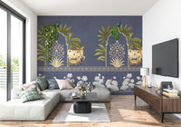 Bedroom wall mural with arched shapes, muted navy tones and soft beige, calm modern wall decor