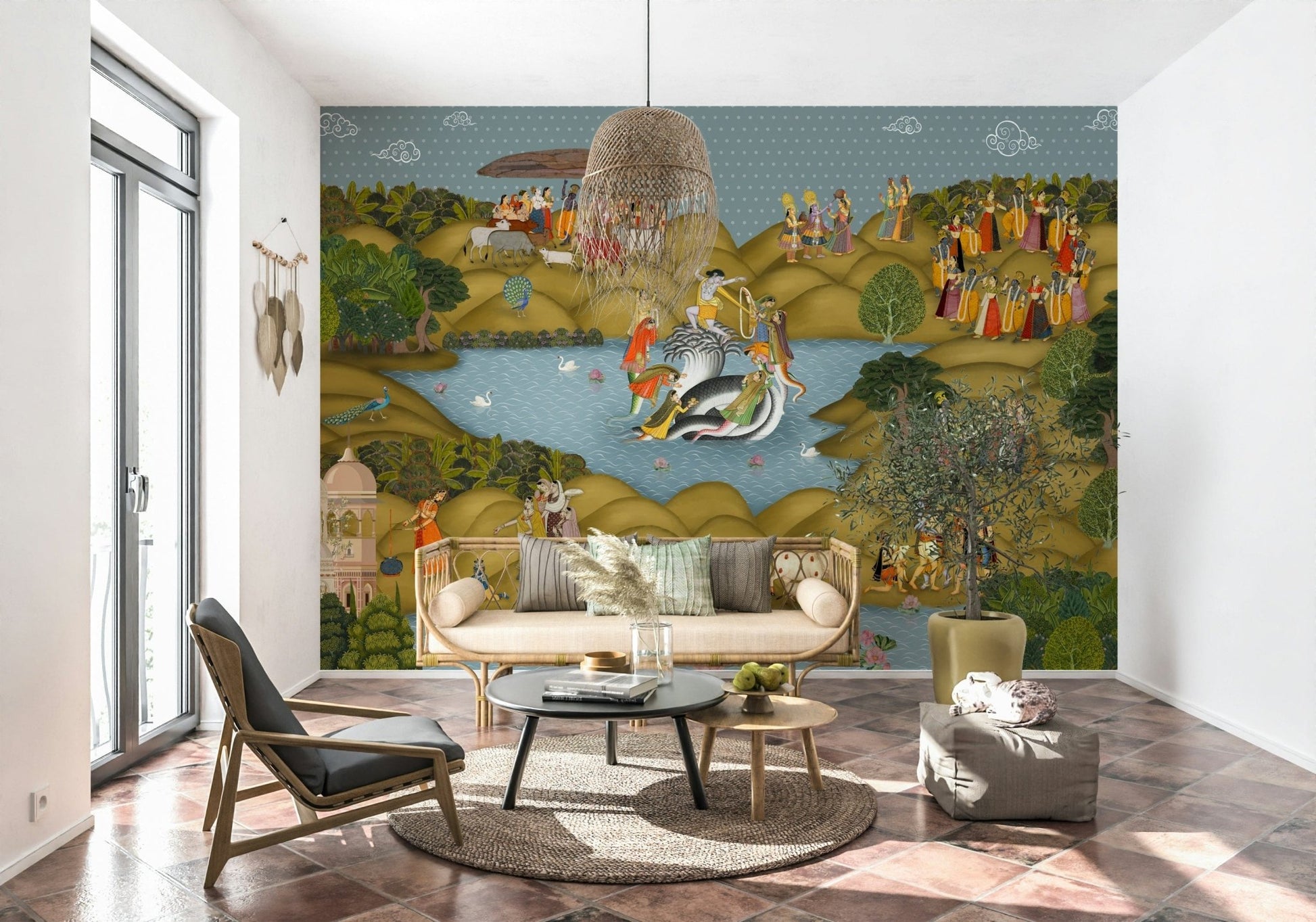 Palace jali mural artwork showing daily life, rituals, and mythological moments
