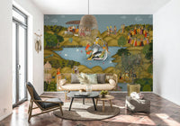 Palace jali mural artwork showing daily life, rituals, and mythological moments