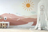 Magical landscape mural with trees and a castle beyond.

