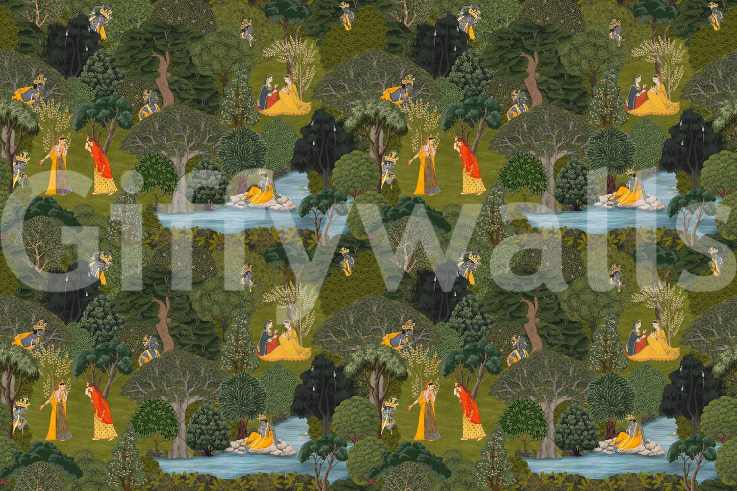 Jungle Wallpaper with intricate forest details inspired by Pichwai paintings