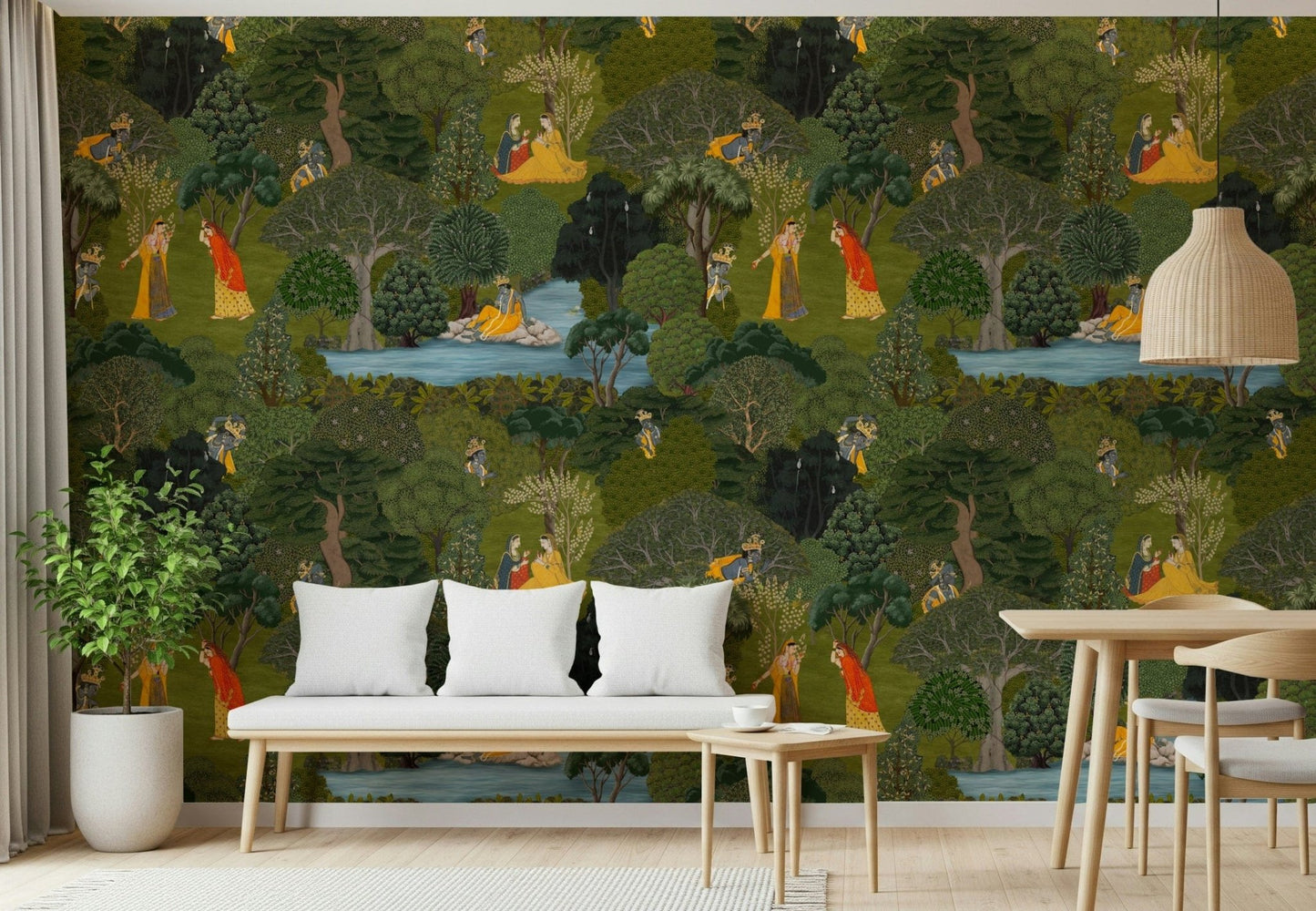 Indian Wallpaper inspired by Pichwai art showing a lush jungle landscape