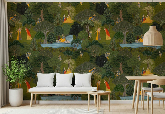 Indian Wallpaper inspired by Pichwai art showing a lush jungle landscape
