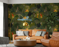 Pichwai Grove wall mural with dense forest elements and cultural illustrations