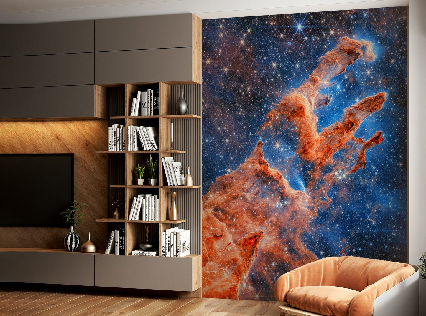 A wall mural of a cosmic landscape.

