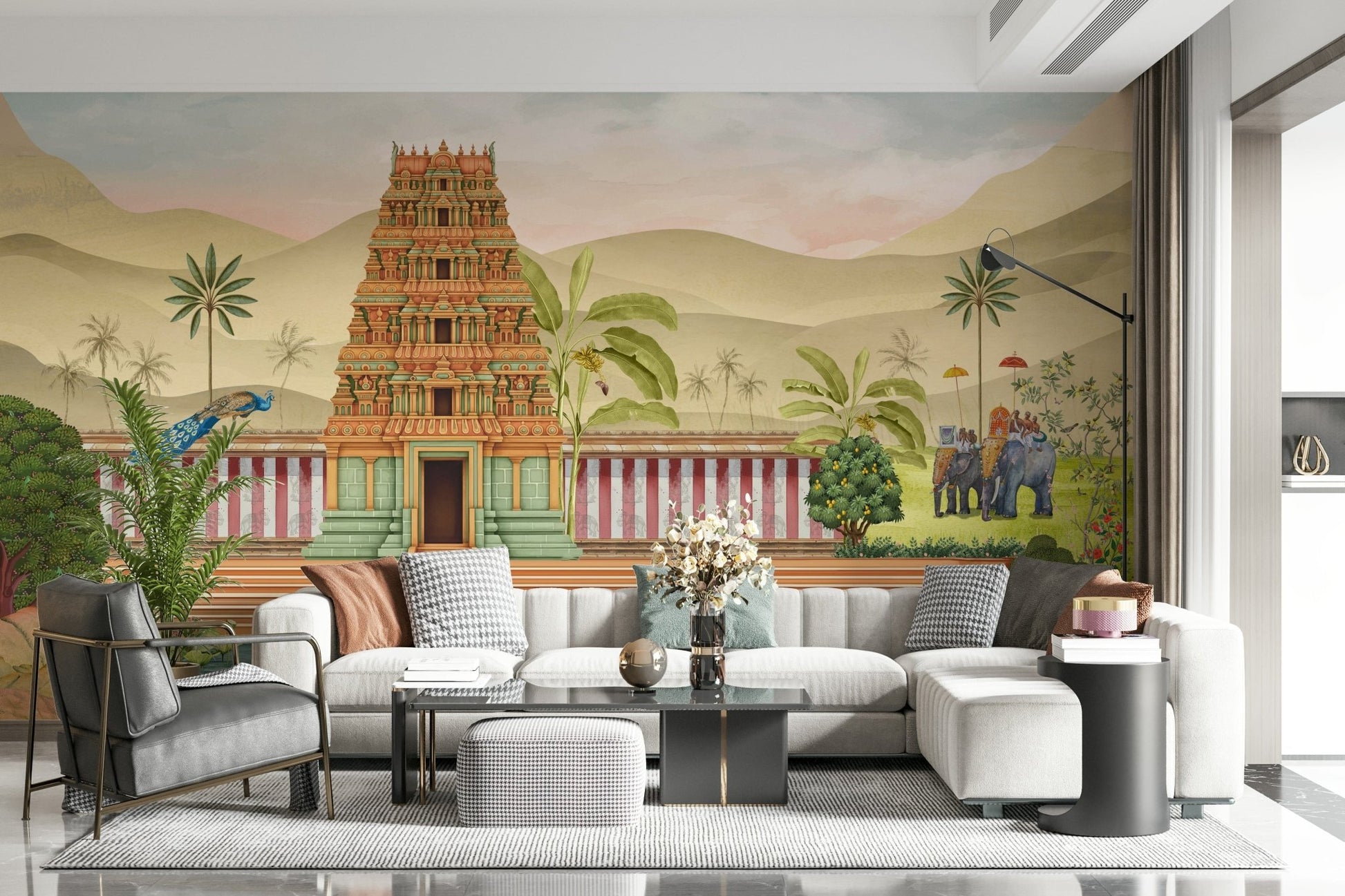 The Royal Pastoral wall mural detail showing trees and distant hills