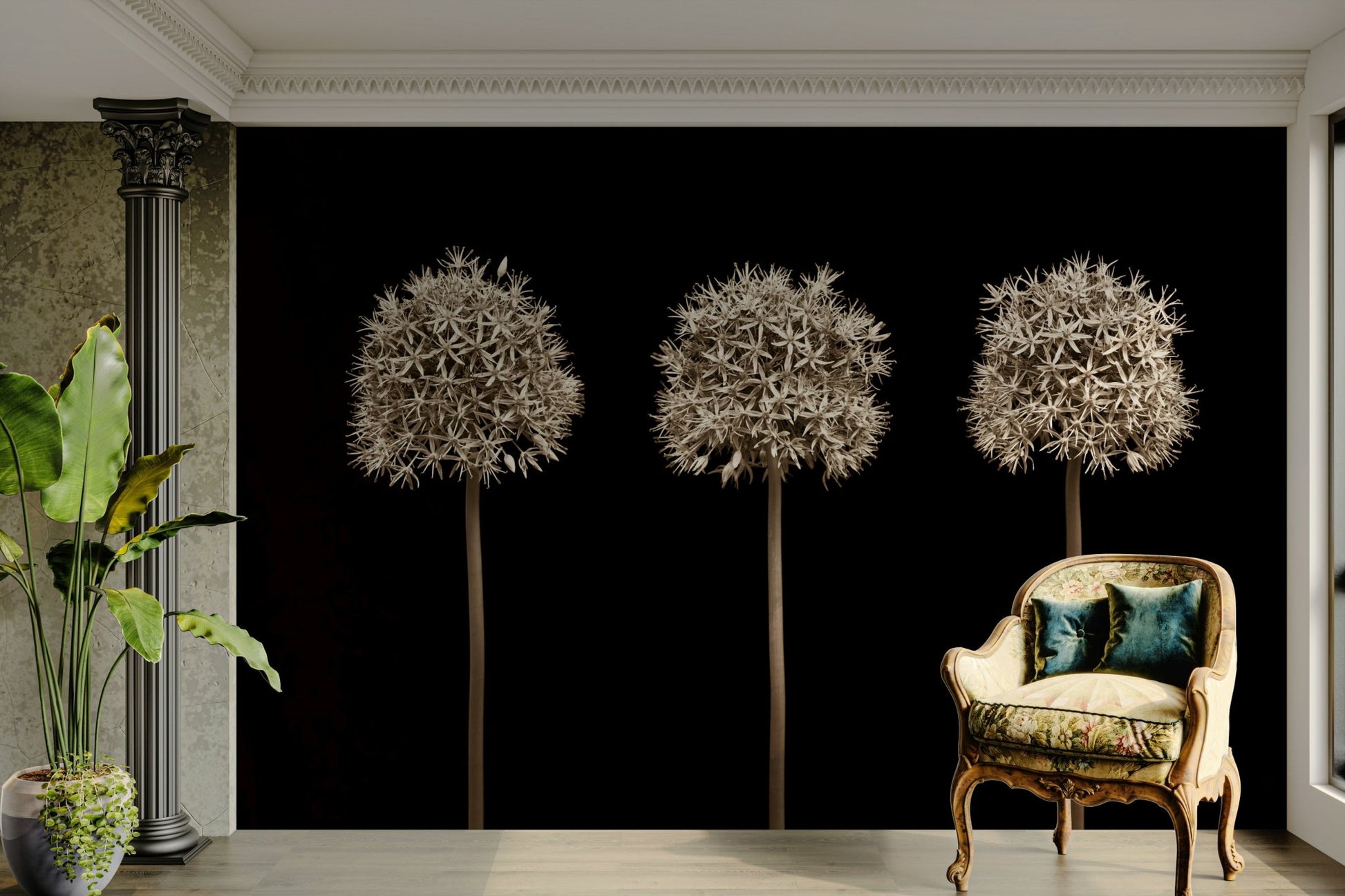 Bold allium flower mural with white petals on a black backdrop.


