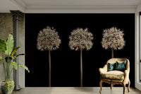 Bold allium flower mural with white petals on a black backdrop.

