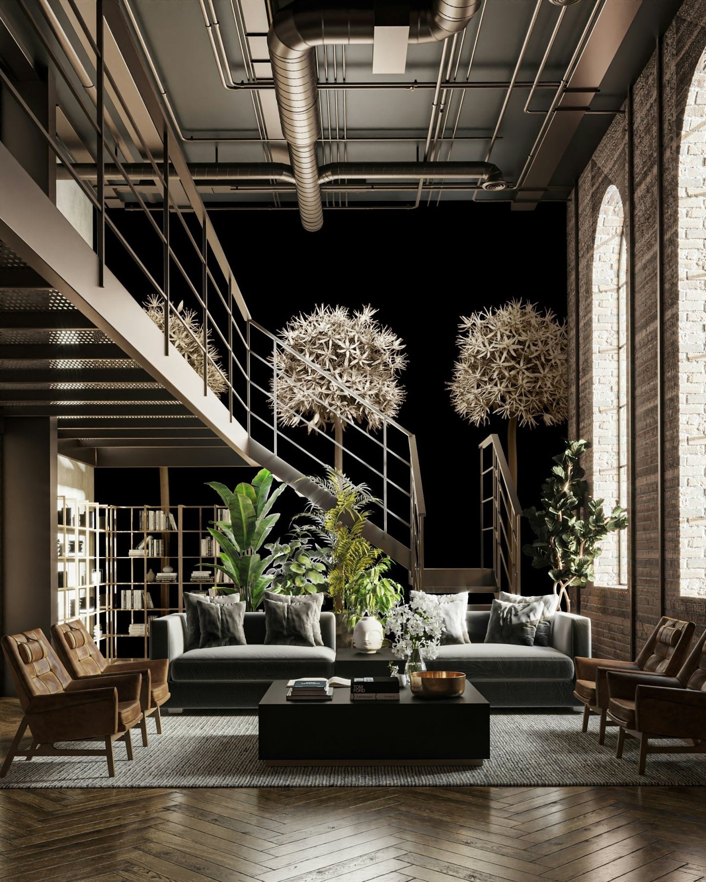 Three alliums on black wallpaper mural for a contemporary and natural feel.

