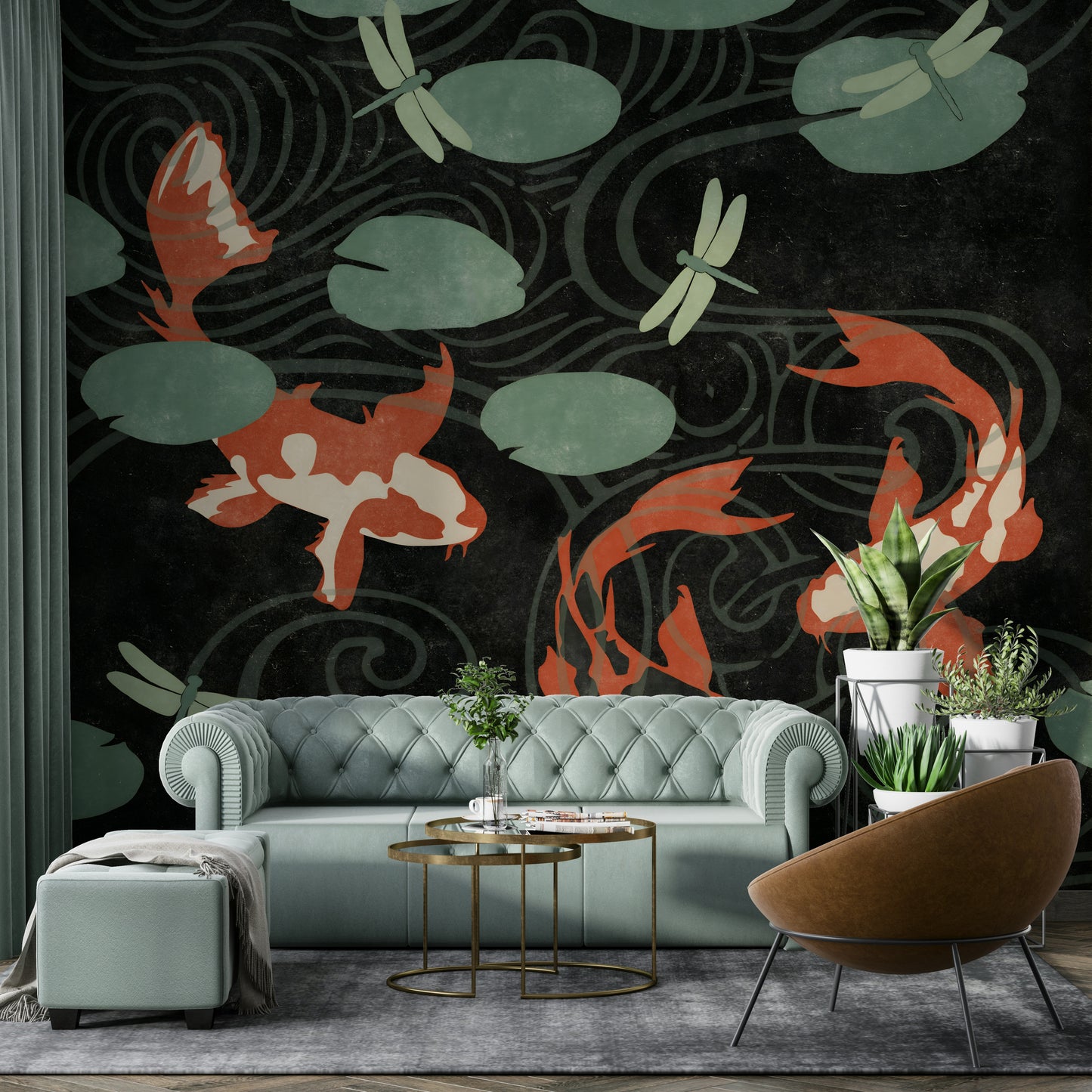 Elegant koi pond mural wallpaper for living spaces.

