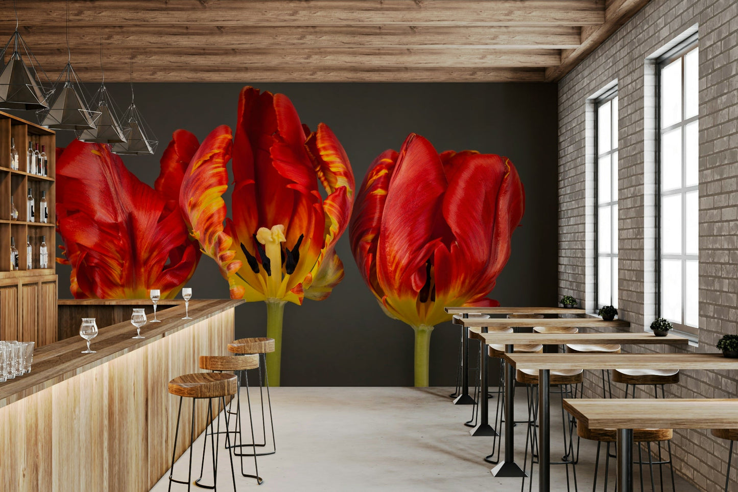 Vibrant tulip wall mural with a touch of Rococo elegance.

