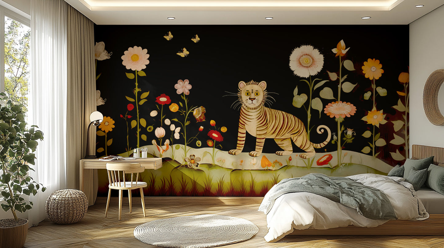 Tibetan Flower Tiger wallpaper mural of a tiger and flowers on black behind a bed with sage throw and a wooden desk in a bedroom