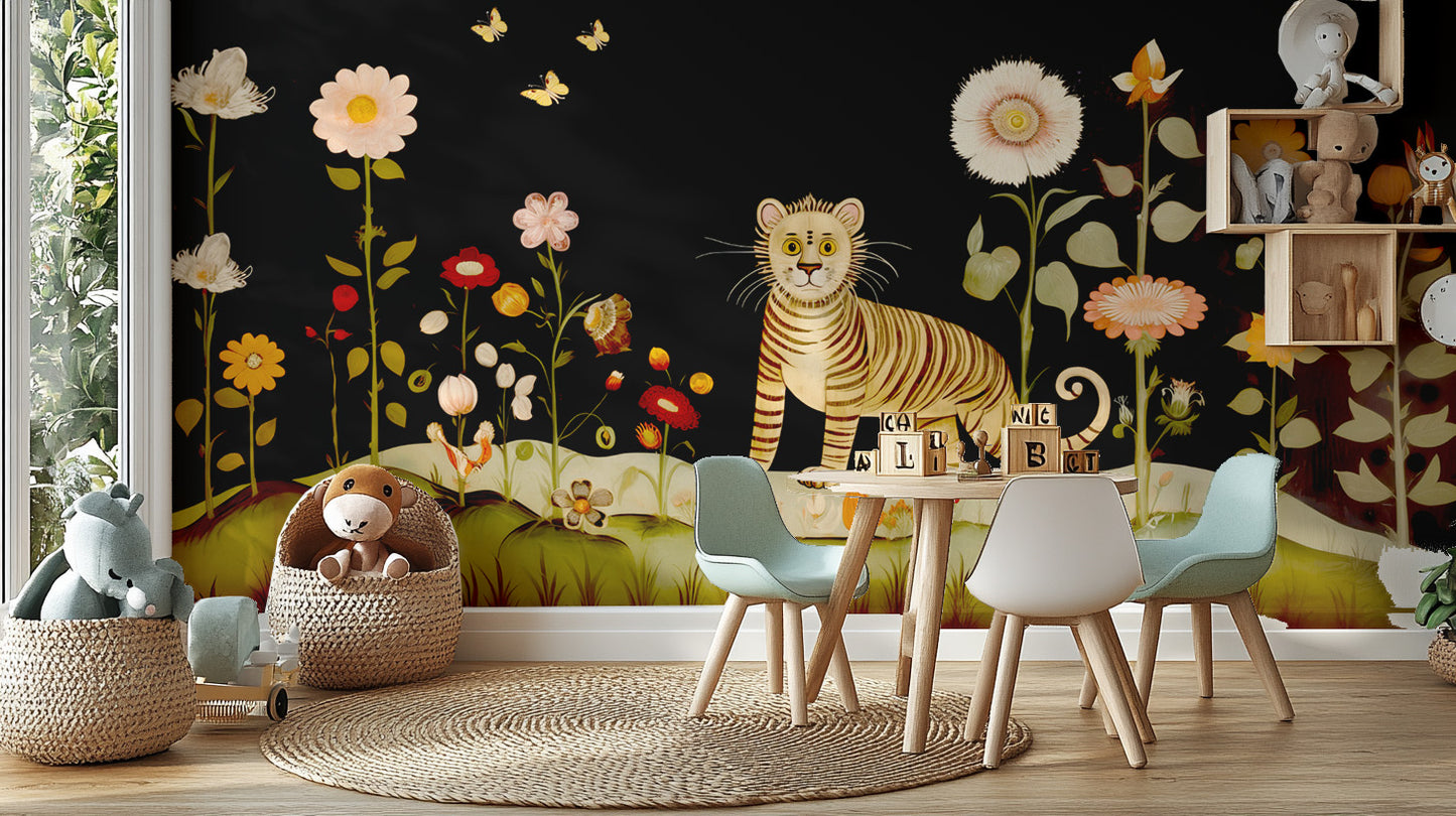 Tibetan Flower Tiger wallpaper mural of a tiger and bright flowers on black behind a round kids table with pastel chairs and plush toys