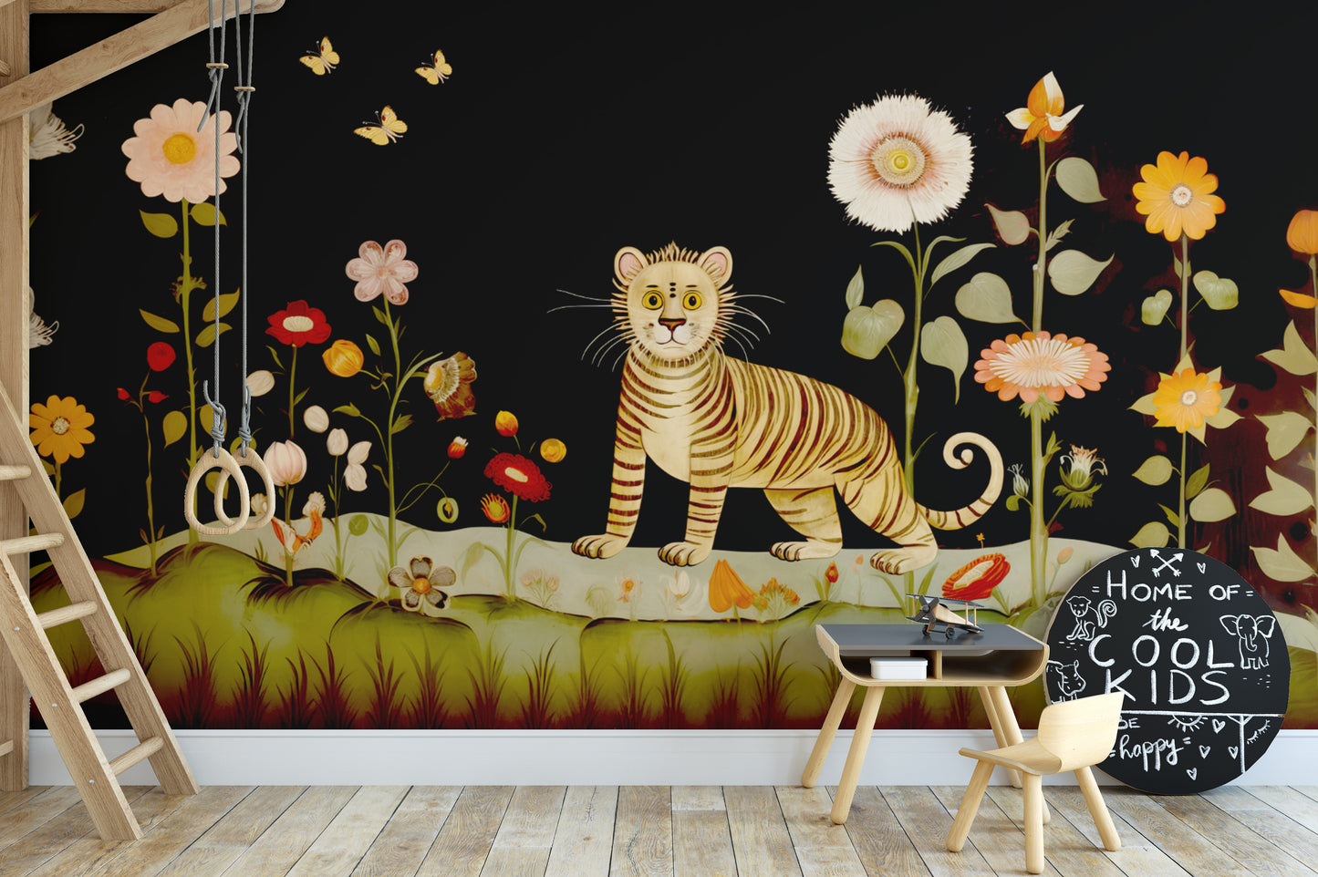 Tibetan Flower Tiger wallpaper mural with a folk-art tiger among flowers on black in a kids playroom with chalkboard and swing