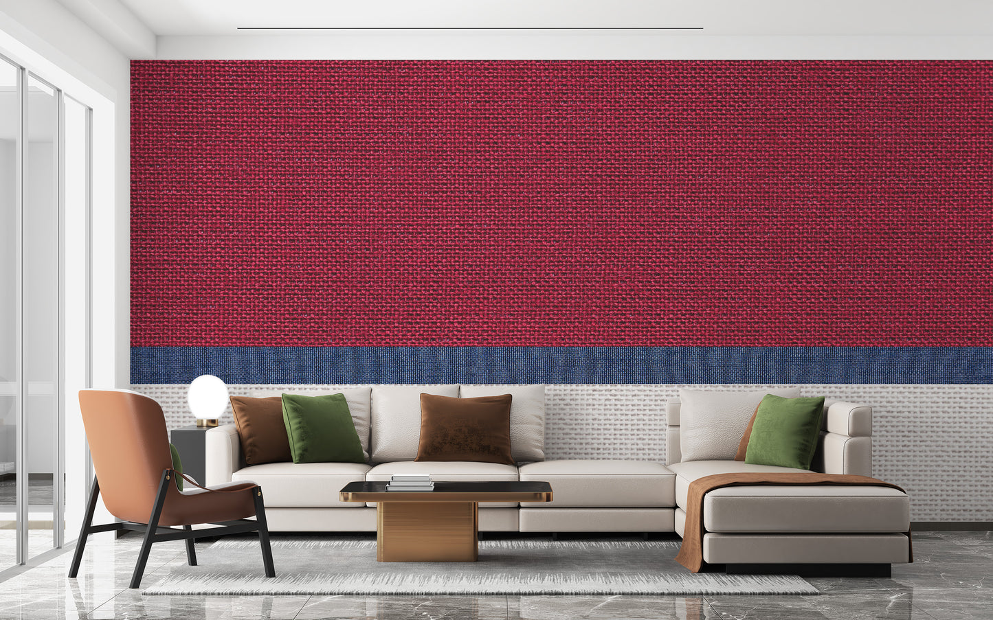 Tied thread fabric wallpaper for a soft, woven aesthetic.
