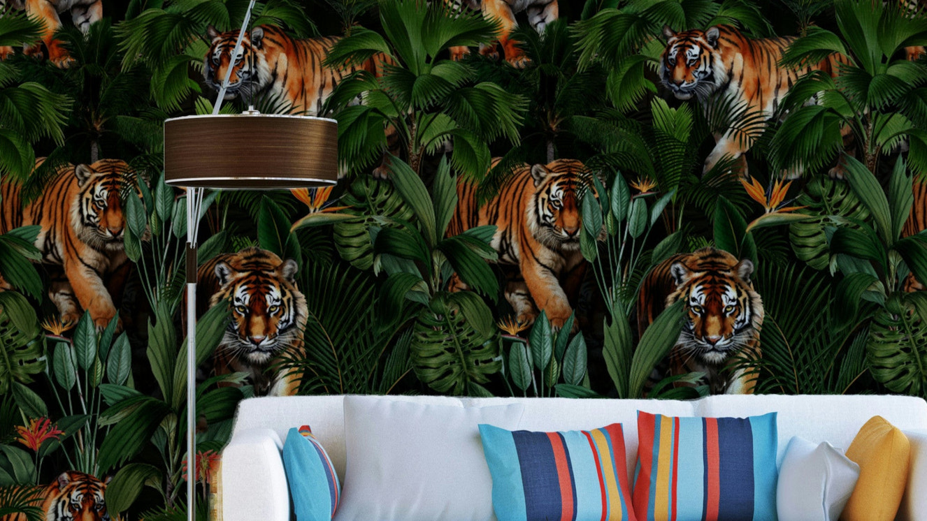 Tiger in Paradise wallpaper featuring a vibrant tiger and tropical foliage

