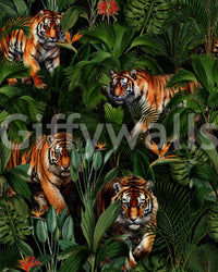 Nature-inspired wallpaper featuring a tiger in a paradise setting

