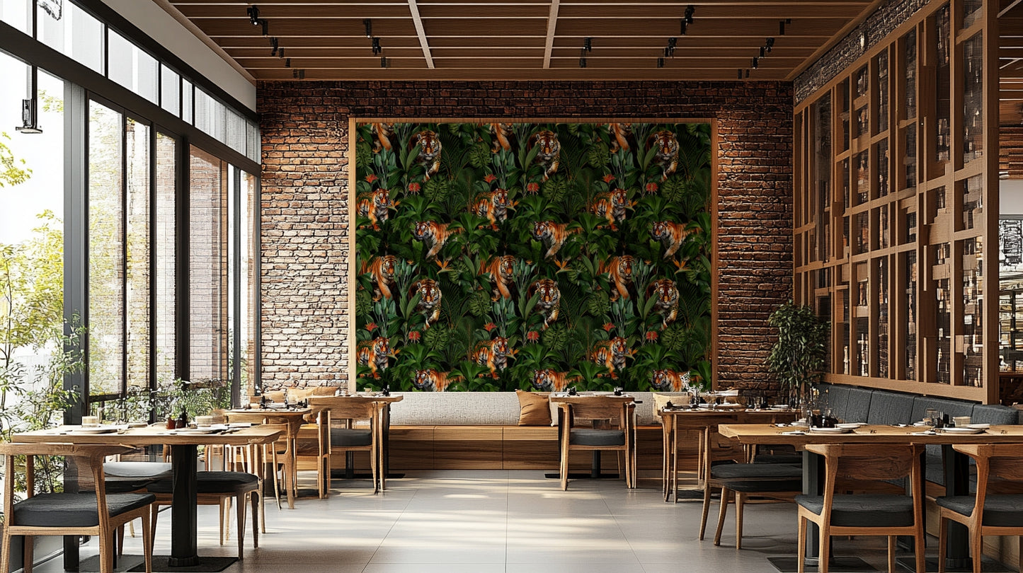 Jungle wallpaper with a majestic tiger surrounded by greenery

