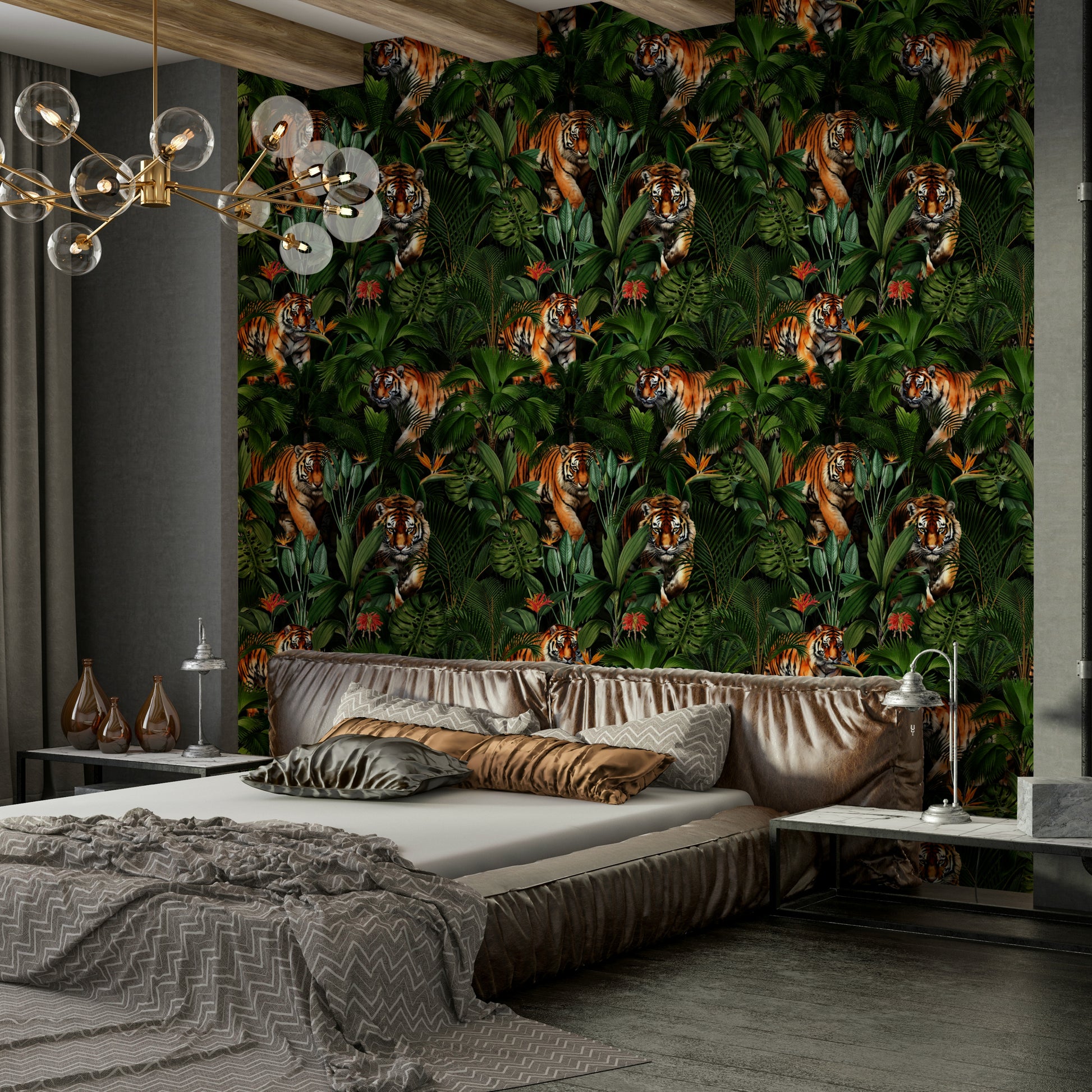 Vibrant tiger design surrounded by lush jungle foliage on wallpaper

