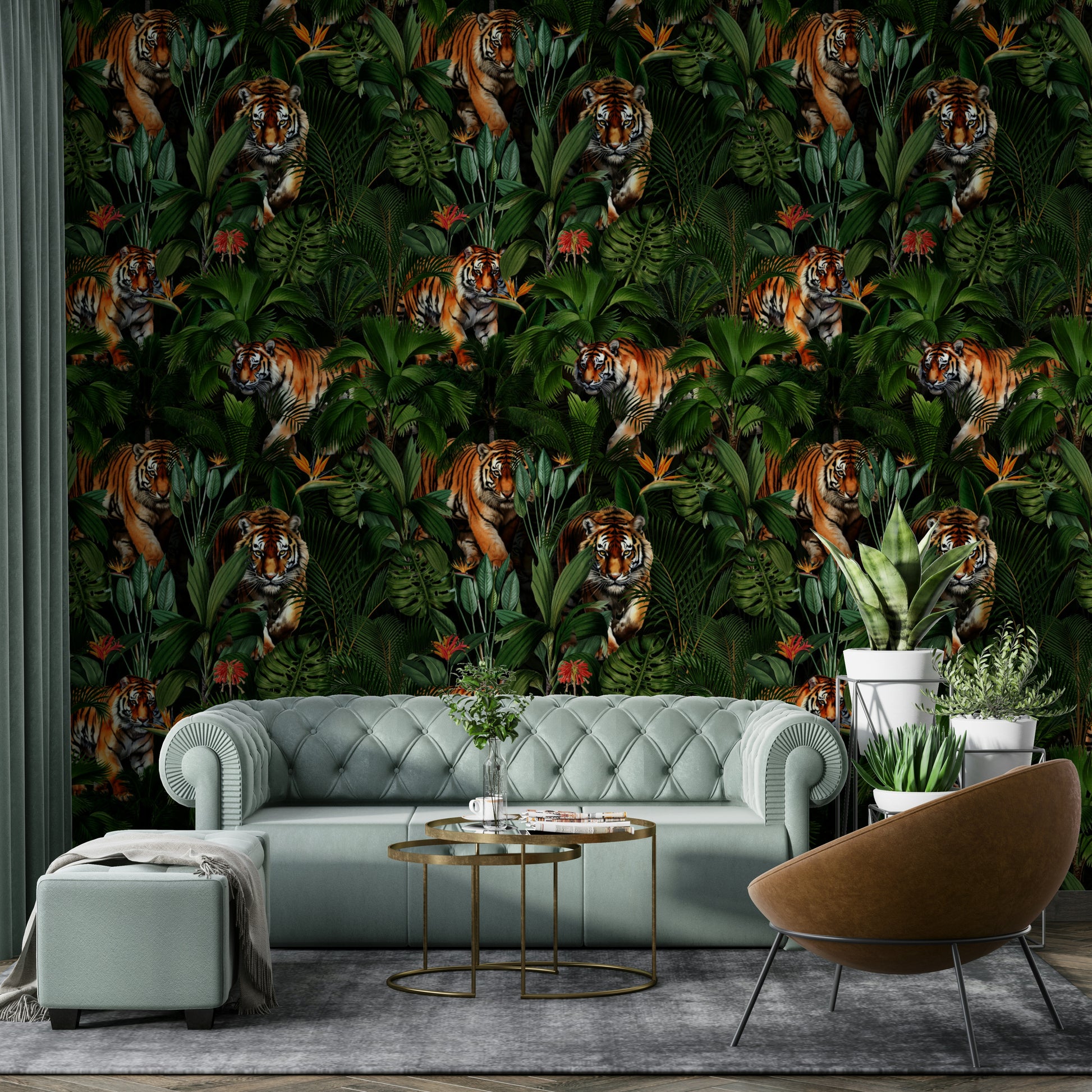 Exotic jungle wallpaper with a bold tiger amidst lush greenery

