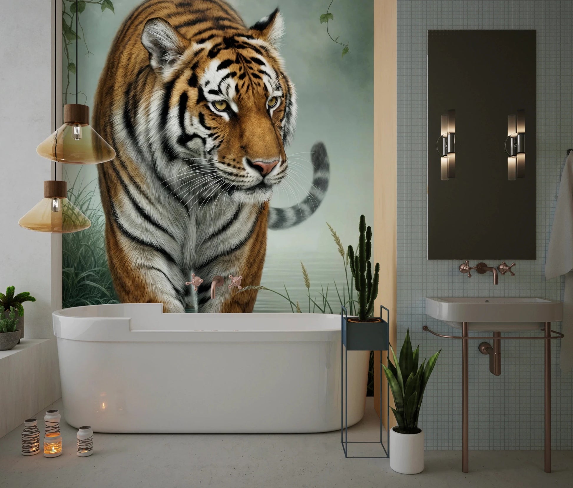 Wild tiger in a misty forest setting on a Tiger's Trail Wall Mural
